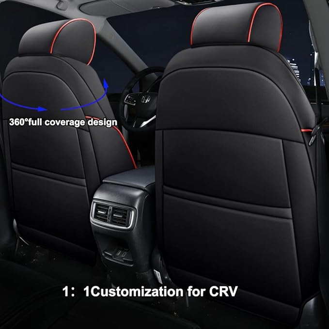 HKZ Fit CRV Car Seat Covers Full Set for Honda CR-V 2017-2022; Leather (Black with Red Trim)