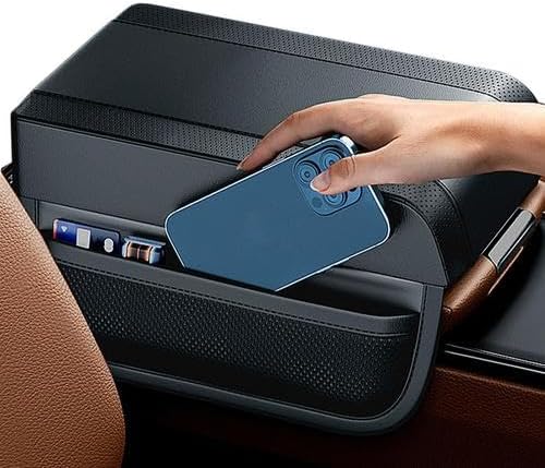 Car Armrest Pad Cover Center Console Lid, Memory Foam Car Armrest Cushion Cover with Storage Organizer, Black Leather, 7x10.6 Inches, Plug-in Installation
