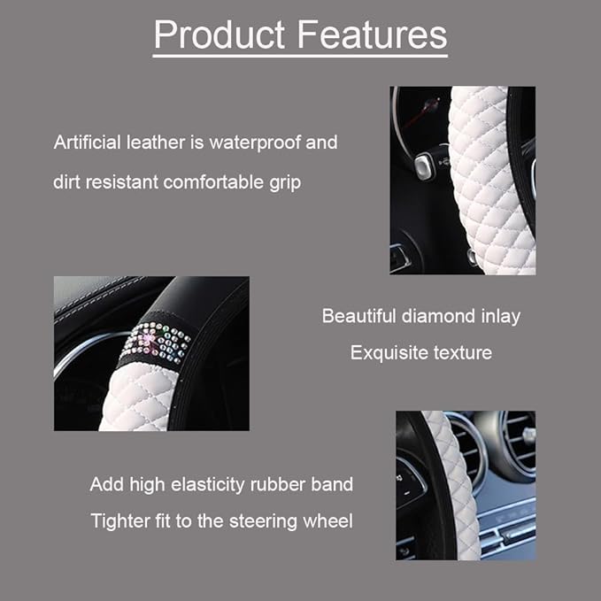 WLERIR Microfiber Leather Steering Wheel Cover with Anti-Slip Lining Universal Car Accessory for Steering Wheel with a Diameter of 14.5-15 inch (White)