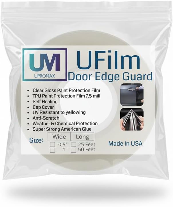 Ufilm Door Edge Protector PRE-Cut Guard Scratch Paint Protection Film with Strong American Glue Clear and Black Universal Car Truck (1 in x 50 ft)