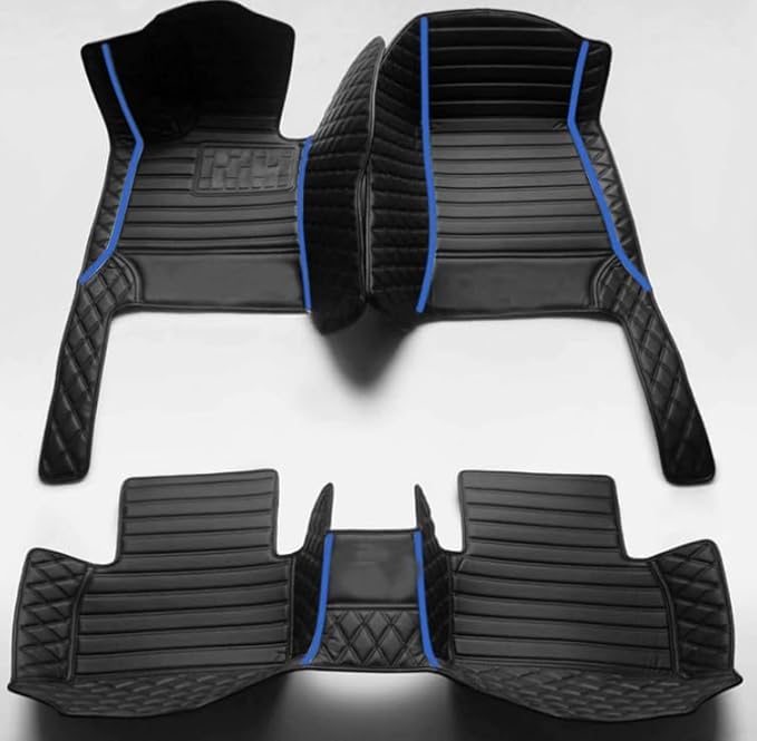 Custom Leather Car Mats, Vehicle-Specific Fit All-Weather Floor Mats, 100% Waterproof Anti-Slip Durable Protection for SUV Truck Sedan, Precision Tailored Protection (Black Splicing Blue Stripes)