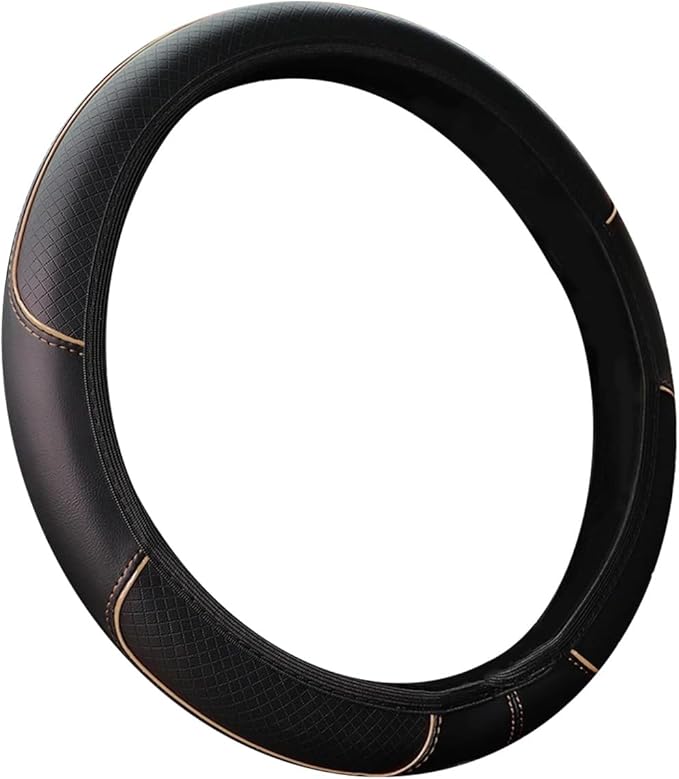 Queenbox Faux Leather Car Steering Wheel Cover, Anti-Slip Grip Diamond Quilted Protector Universal for 14.5-15in Round D Vehicle SUV Truck, Black Brown