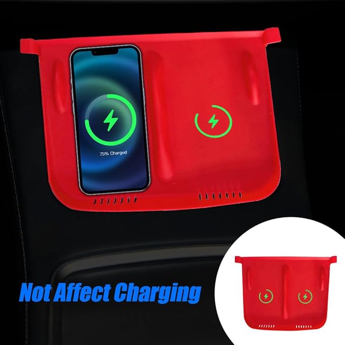 Center Console Wireless Charger Anti-Slip Silicone Mat, Waterproof Phone Pad for Wireless Charging, Car Interior Accessories Universal for Model 3 Model Y 2021-2024 (Luminous, Red)