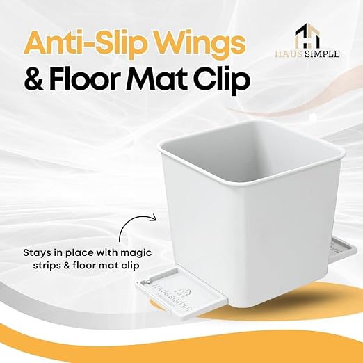 HAUSSIMPLE Car Trash Can 2L with Stability Wings & Velcro for Extra Stability – Magic Strip & Clip for Fabric & Rubber Mats – Durable Plastic, Easy Pull Trash Bags Included – White