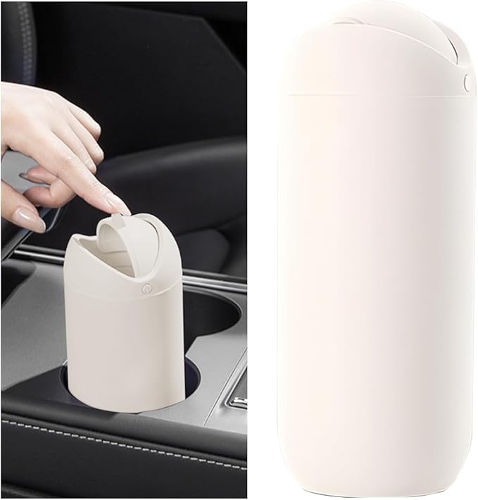 Car Trash Can with Lid, Silicone Leakproof Mini Round Vehicle Garbage Bin for Cup Holder, Portable Automotive Interior Waste Storage & Organizers Accessories, Universal Fit (Beige)