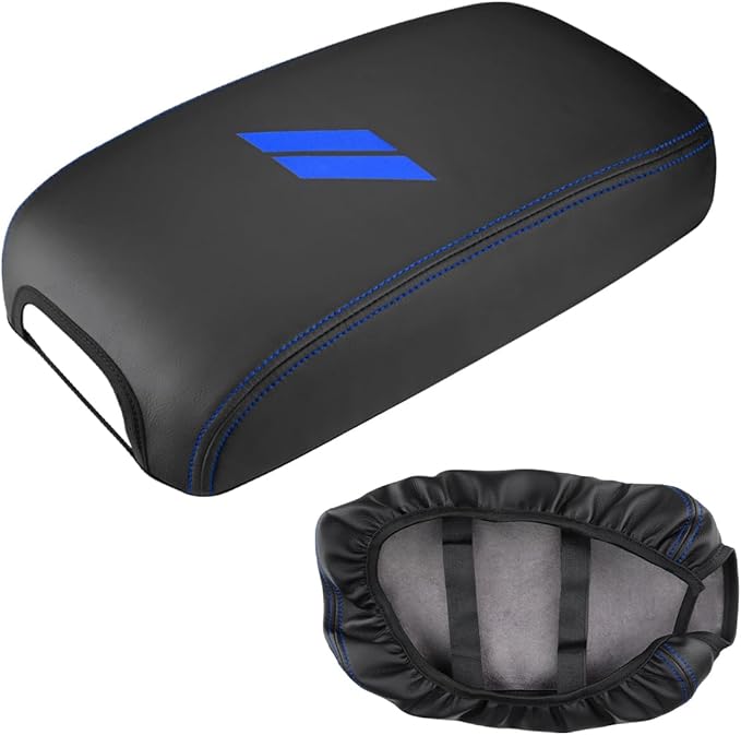 INTGET Car Center Console Cover for 2022 2021 Dodge Charger Accessories 2020 2019 2018 2017 2016 2015 Leather Armrest Cover Console Lid Protector Cushion Pad (Dark Blue Stitches, Leather)