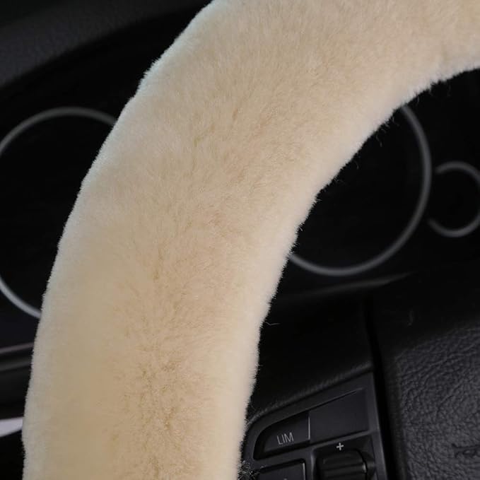 Soft Fluffy Warm Genuine Sheepskin Car Steering Wheel Cover, Fuzzy Fur Wool Protector for Winter Universal Car 14 1/2inch-15 1/2inch, Anti-Slip Comfortable Auto Accessories (Pearl)