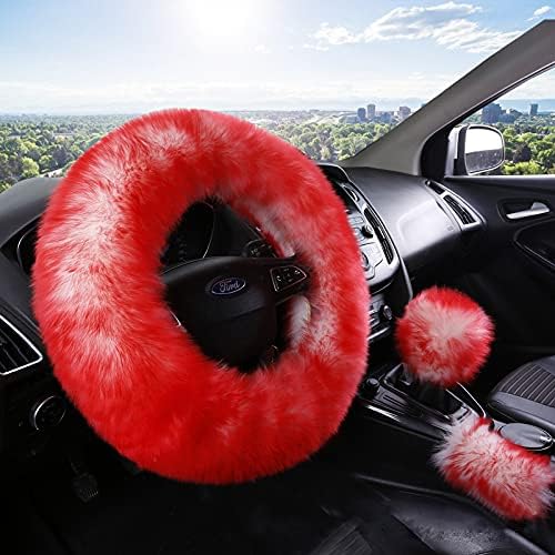 15inches Universal Leather Car Steering Wheel Cover Car Accessories Colorful Fuzzy Steering Wheel Cover Gear Shift Cover Handbrake Cover (red)