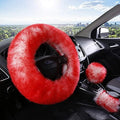 15inches Universal Leather Car Steering Wheel Cover Car Accessories Colorful Fuzzy Steering Wheel Cover Gear Shift Cover Handbrake Cover (red)