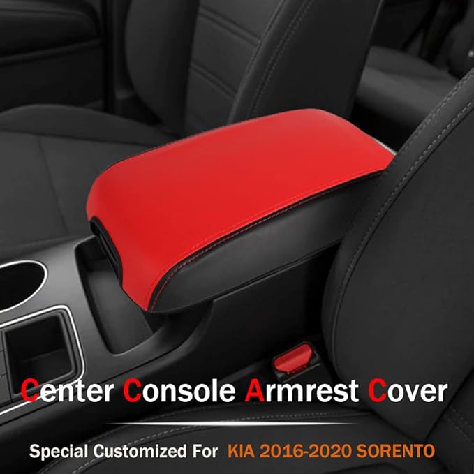 LEXLEY Center Console Pad Armrest Box Cover Waterproof Anti-Scratch Leather Protector Covers For Kia 2016-2020 Sorento-Red+Black