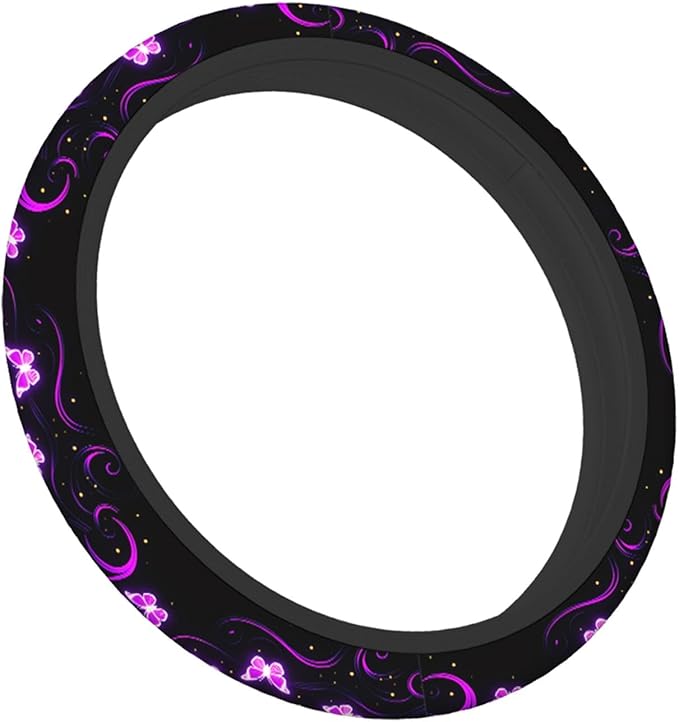 Swono Butterfly Purple Steering Wheel Cover for Men Women Abstract Purple Butterfly and Flower On The Black Universal 15 Inch Auto Neoprene Case Anti-Slip Car Wheel Protector