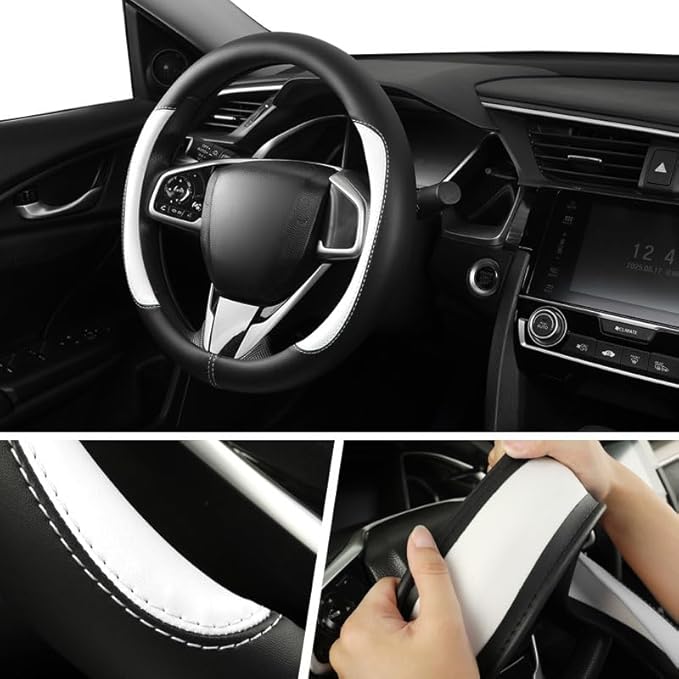 Car Steering Wheel Cover,Microfiber Leather Steering Wheel Cover Universal 15.5-16 inch, Anti-Slip Breathable Auto Wheel Cover Protector for Men Women (Black&White)