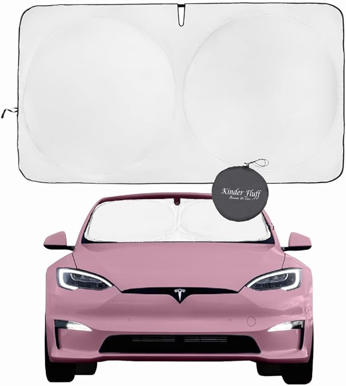 kinder Fluff Windshield Sunshade for Tesla S | Patented Car Sun Protection - Certified 99% UVR Block - Cool Car Interior | Foldable Sun Visor Cover | Automotive Accessories for Summer Heat