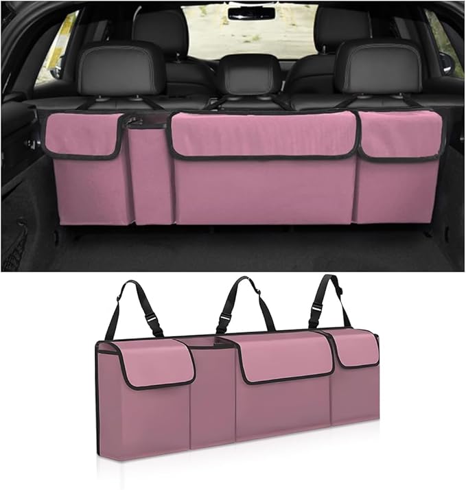 Car Trunk Organizer, Collapsible Large Capacity Auto Backseat Hanging Storage Bag with Adjustable Strap & 4 Pockets, Space Saving Car Back Seat Cargo Bag, Universal for Vehicles (Pink)