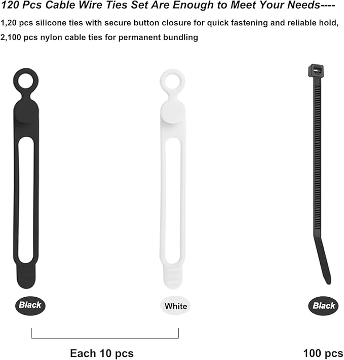 120 Pcs Cable Organizer Set, 20pcs Silicone Cable Ties Reusable & Nylon Cable Ties 100pcs, Multipurpose Elastic Cord Management Organizer for Charger, USB, Phone, Data Cables - Black and White