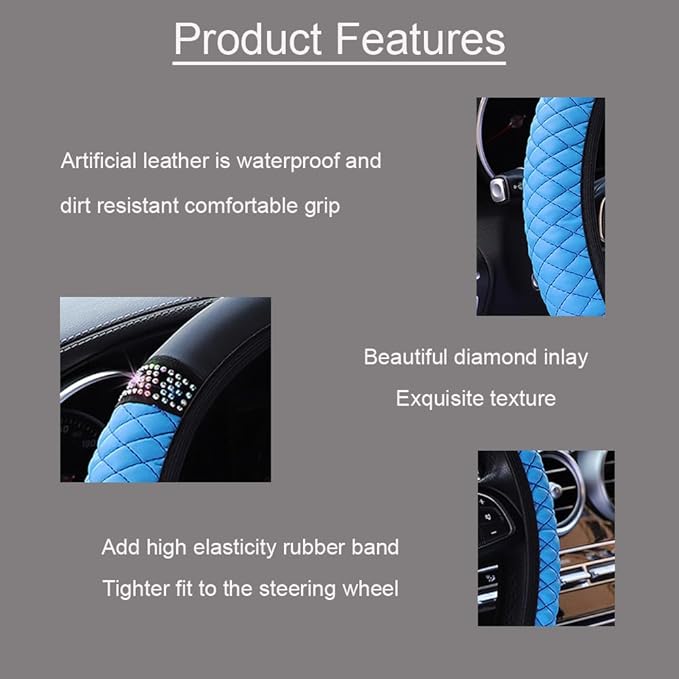 WLERIR Microfiber Leather Steering Wheel Cover with Anti-Slip Lining Universal Car Accessory for Steering Wheel with a Diameter of 14.5-15 inch (Blue)