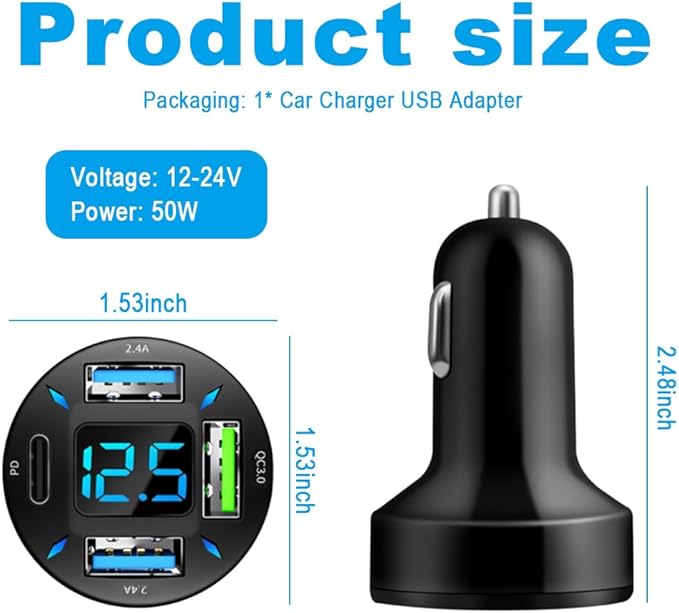 4 in 1 Cigarette Lighter USB Charger with Voltage Display,50W Car Charger USB C Fast Charge for 12-24V Cars,Multi Port Cars Cigarette Lighter Adapter Compatible with iPhone Car Accessories