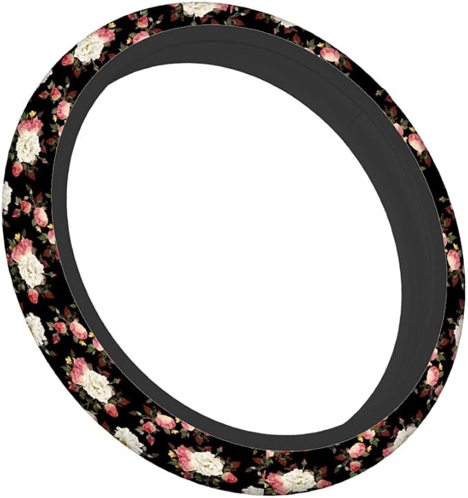 Swono Beautiful Roses Non-Slip Steering Wheel Cover Vintage Floral with Red and White Roses Neoprene Car Steering Wheel Covers Grip Automotive Steering Wheel Protector Auto Car Wrap Cover 15 Inch
