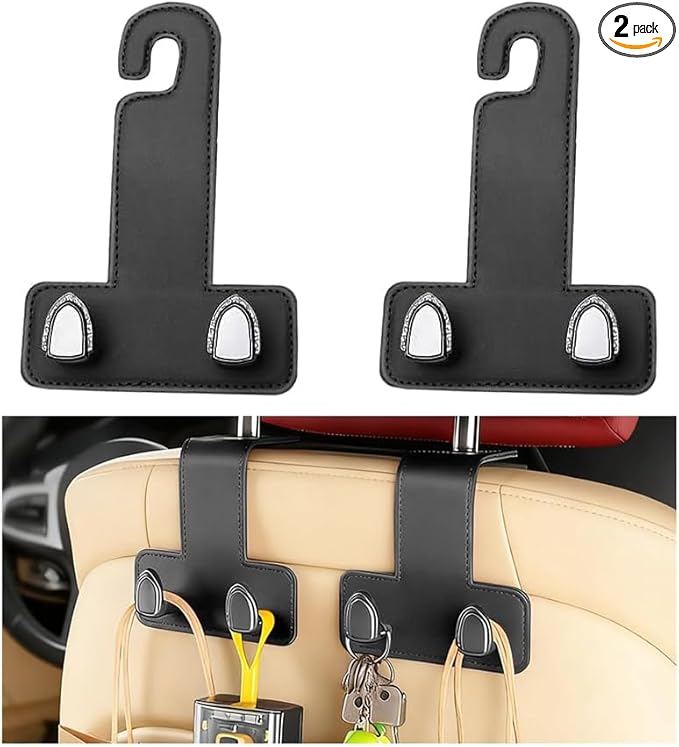 2PCS Car Headrest Hook, Dual Hook Leather Vehicle Back Seat Storage Organizer for Handbag Purse Hat, Multifunction Automotive Seat Back Hanger Holder, Universal for Most Vehicles (Black)