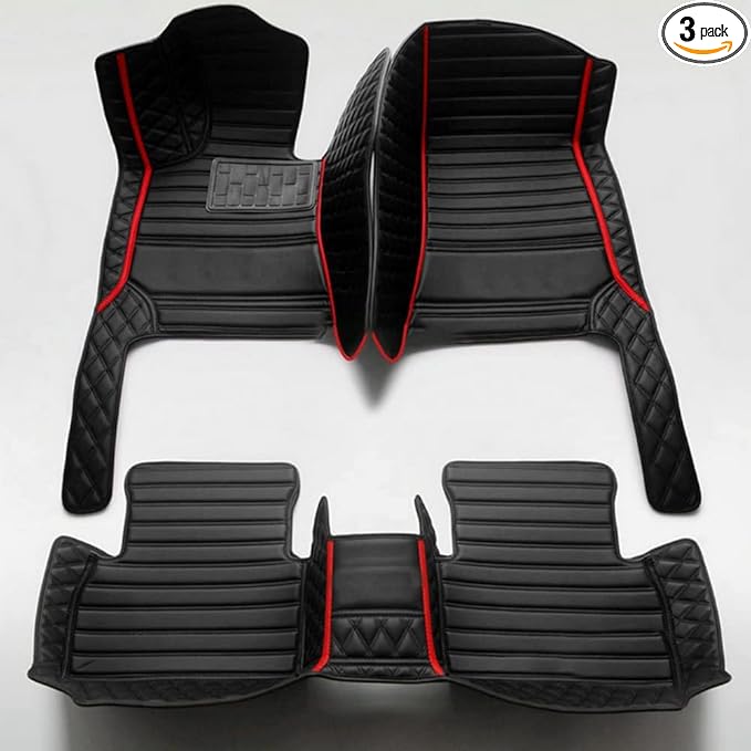 KaiLaiCarCustom Automotive Car Floor Mats for 99.99% Sedan SUV Sports Car Men Women Protection Full Coverage Pads Anti-Slip Leather Floor Lining… (Black+Red Bars)