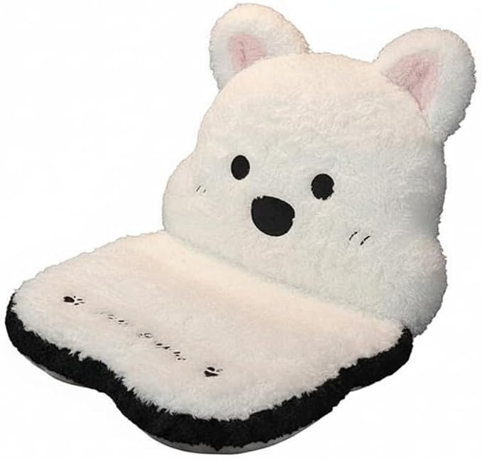Soft Plush Car Seat Cushion and Lumbar Support Set - Adorable White Animal Design for Enhanced Driving Comfort (White)