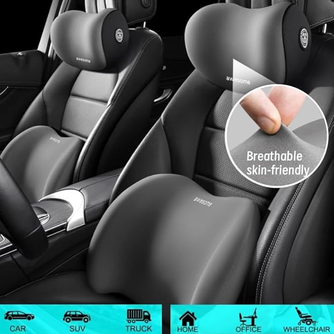 Car Headrest & Lumbar Support Cushion Kit, Ergonomic Car Seat Neck Pillow and Backseat Cushion for Driving Fatigue Relief, Driving Seat Memory Foam Neck Back Rest Pillows (Blue)