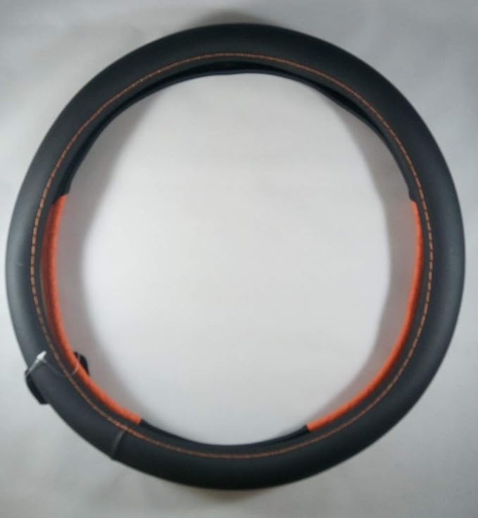 Jdragon Black & Orange PU Leather Great Comfort Slip-On Steering Wheel Cover 14.25-15" Diameter