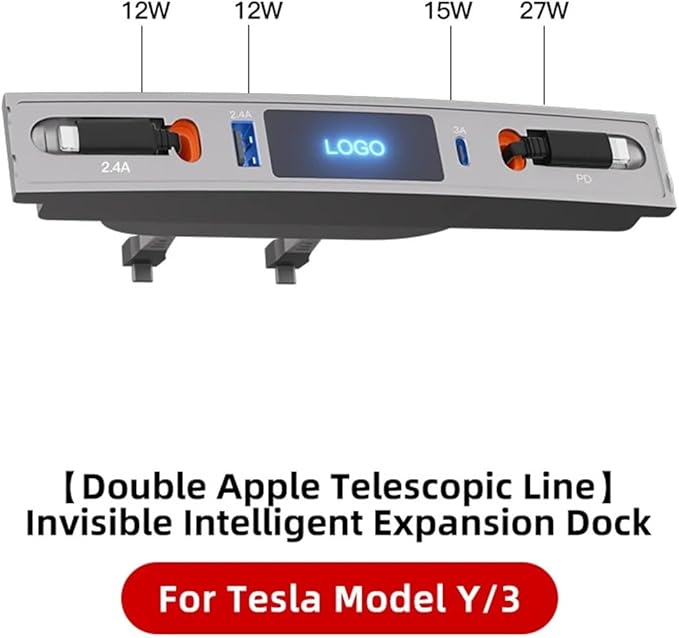 27W Quick Charger USB Shunt HUB Intelligent Docking Station Car Adapter Powered Splitter Extension，Compatible for Tesla Model 3 Model Y(A-pple and A-pple)