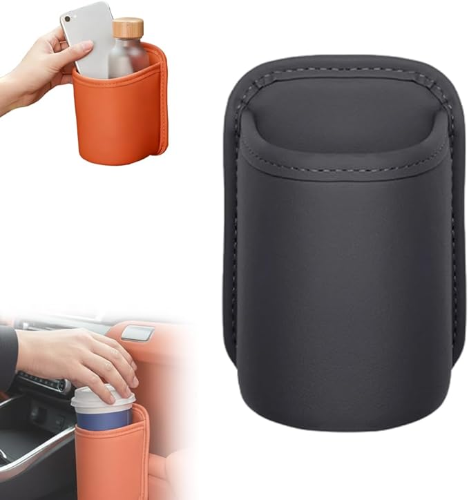 Universal Leather Car Door Cup Holder Trash Can, Leakproof Car Trash Bin,Multifunctional Back Seat Car Organizer for Hold Phones, Snacks, Drinks (Black)