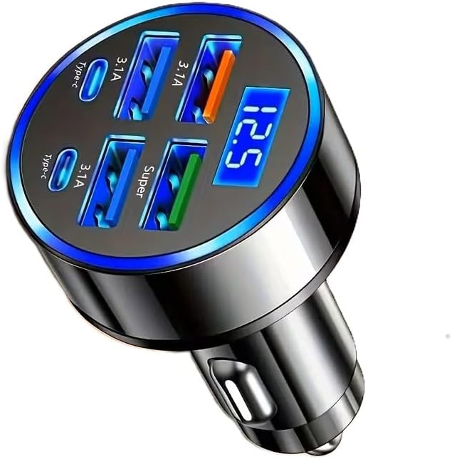 USB-C 6-Port Super Fast Car Charger with LED Voltage Monitor | Multi-Device Cigarette Lighter Adapter Compatible with iPhone, Samsung, Huawei, OnePlus, Oppo & Vivo Phones (Pack of 2)