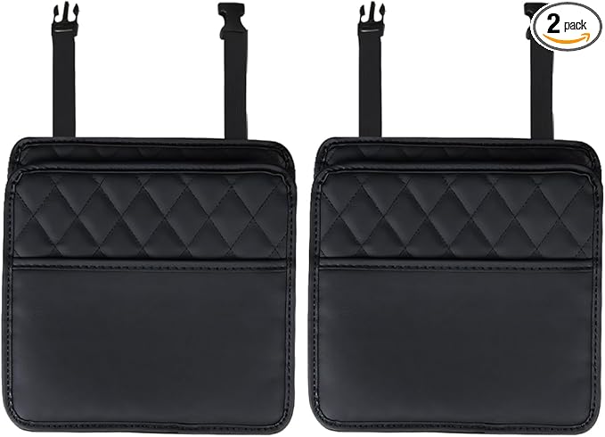 Car Back Seat Organizer, Waterproof Leather Automotive Backseat Hanging Bag with Cup Holders, Large Capacity Car Trash Can, Vehicle Travel Accessories for Most Vehicles (2PCS/Black)