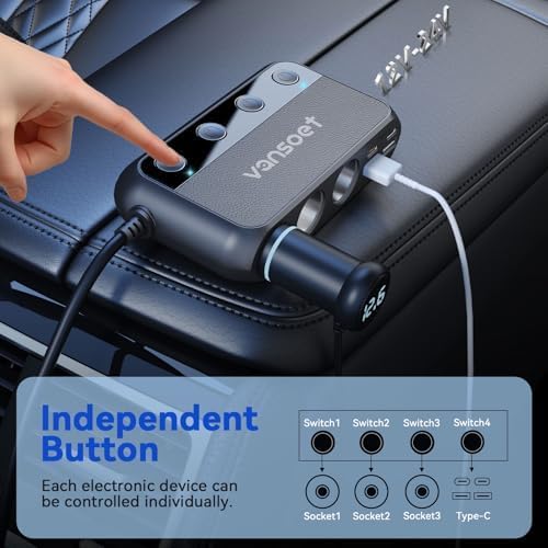 158W 9 in 1 Cigarette Lighter Splitter with 3 Socket Multi Port Car Charger Adapter Dual PD30W and 3 USB-A QC3.0 DC 12V/24V Independent Switches and Voltage Display for Car Truck Ipad Camping