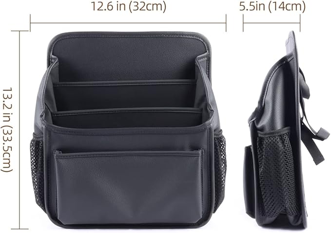 Viaviat Front Seat Organizer Car Upholstery Leather Passenger Seat Storage Bag Large Durable Car Organizer with Adjustable Strap Multiple Compartments Mesh Bags Cup Holders (black)