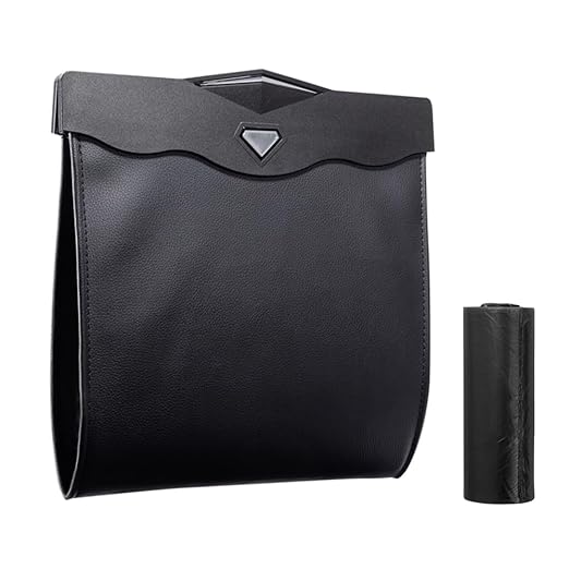 XSUPER Hanging Car Trash Can with Smart LED, Magnetic and Waterproof PU Leather Car Trash Bag, Multipurpose Garbage Can for Back Seat with 15 PCS Disposable Rubbish Bags, Black
