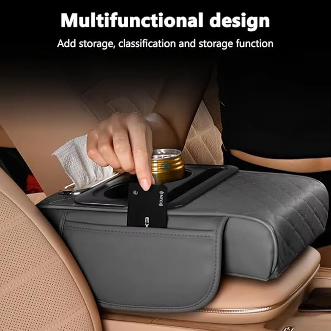 Multifunctional PU Leather Car Armrest Box Mat with Central Elbow, 2026 New Car Armrest Storage Box with Cup Holder, Tissue Box Slot, Phone Slot, Universal Fit (Black + Red)