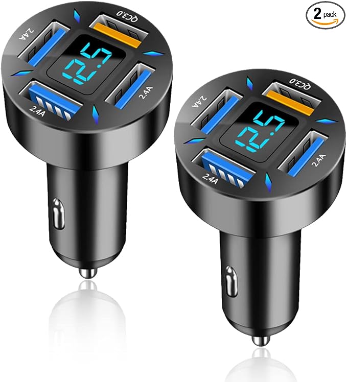 Car Charger 66W Super Fast Charging with USB 2.4A&QC 3.0(Voltmeter&LED Lights) Universal Quick Charge for 12-24V Car Cigarette Lighter Plug,Compatible with iPhone 14 13 12,S22 (2Pcs-Black-QC/2.4A)