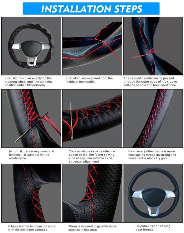 Carodi Leather Steering Wheel Cover, Breathable Non-Slip Design, Soft and Comfortable Feeling, Universal 15 Inch Auto Car Steering Wheel Stitch on Wrap（Size M+, Black）