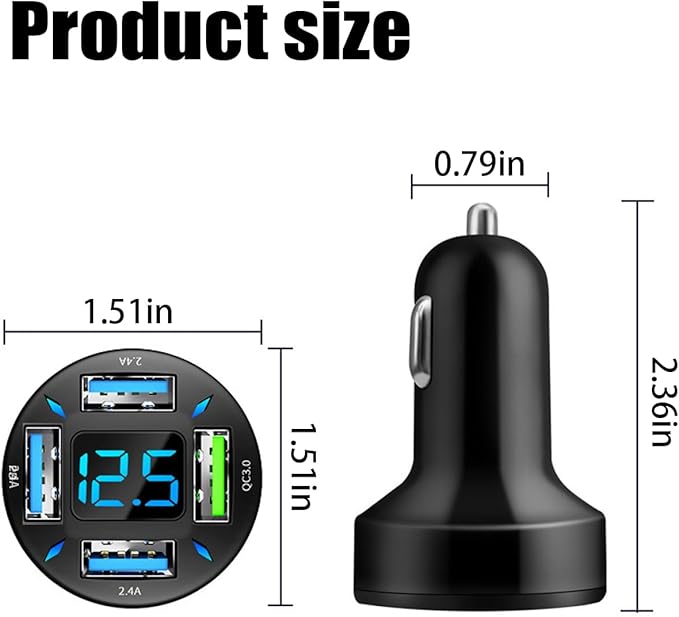 4 Ports USB Car Charger, 66W Super Fast Charging with QC 3.0, PD 20W and USB 2.4A Charger Adapter, Quick Charge with LED Voltmeter, Auto Cigarette Lighter Plug (PD20W+QC3.0+2.4A, 1PCS)