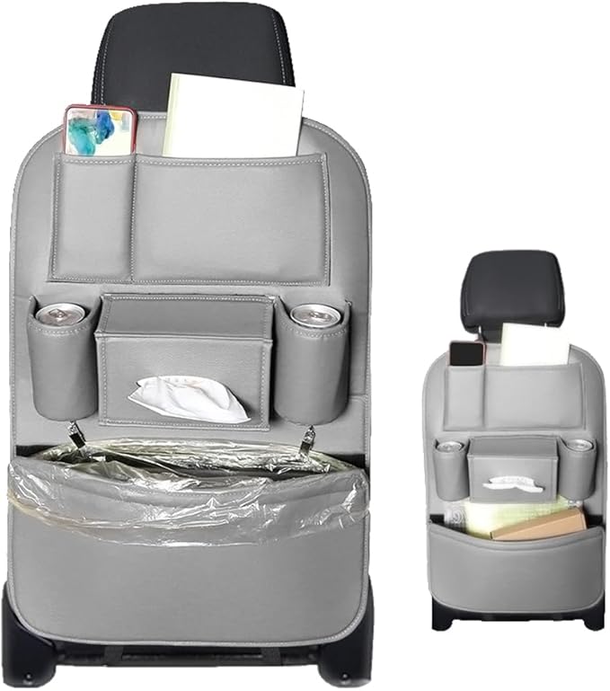 1PCS Car Backseat Organizer Seat Back Protectors Kick Mats, PU Leather Car Storage Organizer Hanging Bag with Car Tissue Holder Kids Toys Storage Car Accessories (Gray)