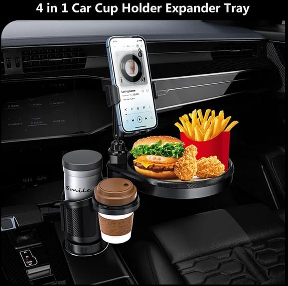 Upgraded 4-in-1 Car Cup Holder,Car Tray,Dual Cup Holders,Phone Mount,360° rotatable car Tray and Phone Expander,All in one Road Trip Essentials