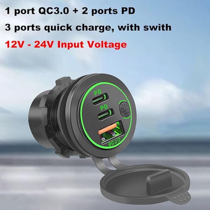 3 Ports 18W USB Car Charger with Switch, 12-24V QC 3.0 USB & Dual PD USB C Cigarette Lighter Socket Outlet, Dashboard Mount Quick Charger for Car Motorcycle Truck Marine Boat, Red Light