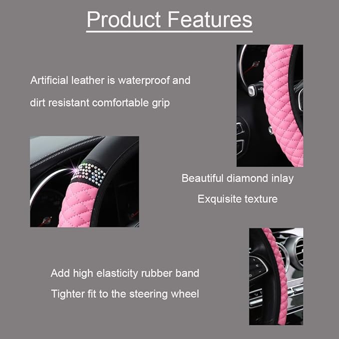 WLERIR Microfiber Leather Steering Wheel Cover with Anti-Slip Lining Universal Car Accessory for Steering Wheel with a Diameter of 14.5-15 inch (Pink)