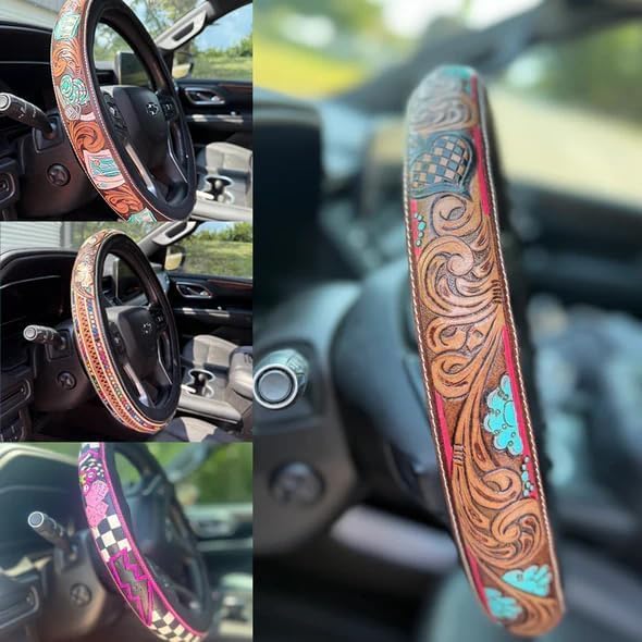 Western Steering Wheel Cover, Color Printed Embossed Hand-Painted Leather Western car Parts, for Women Man, Anti-Slip Design Easy to Install, for Trucks SUVs Cars (Style 1)