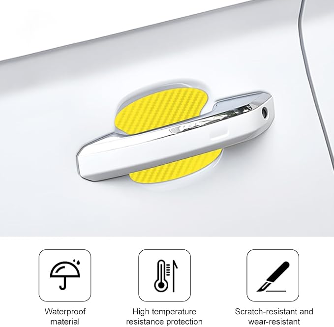 Car Door Handle Cup Scratch Protector, 4PCS 3D Carbon Fiber Vehicle Handle Bowl Sticker, Automotive Exterior Door Cup Protection Decal, Universal for SUV Caravan Automobile (Yellow)