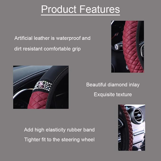 WLERIR Microfiber Leather Steering Wheel Cover with Anti-Slip Lining Universal Car Accessory for Steering Wheel with a Diameter of 14.5-15 inch (Wine red)