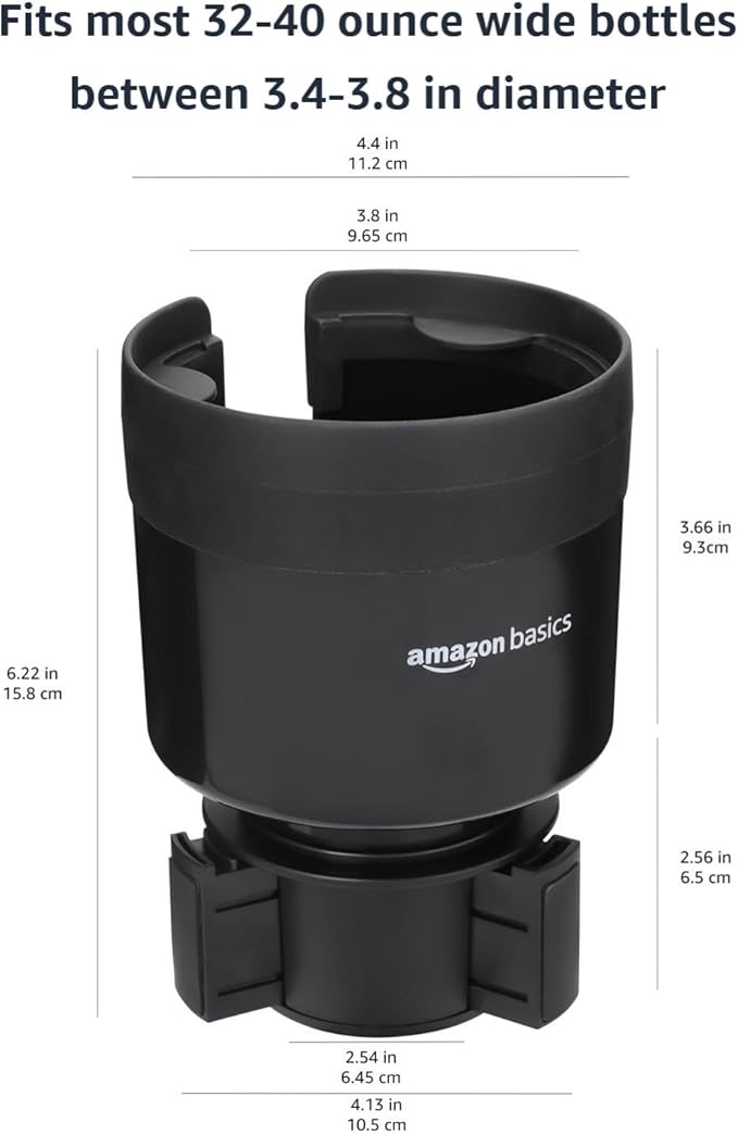 Amazon Basics Car Cup Holder Expander with Adjustable Base, Fits Large Bottles 3.4 to 3.8 in Diameter, Securely Holds Yeti, Hydro Flask and More, Black
