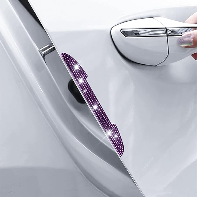 4 PCS Bling Rhinestone Car Door Handle Scratch Protector, Universal for All Cars, Vehicles, SUVs, Car Side Rearview Mirror, Car Door Edge Guard, Car Exterior Accessories for Women Men (Purple)