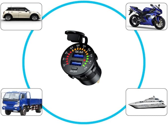 Quick Charge 3.0 Dual USB Car Charger Socket, 12V USB Outlet Fast Charge with LED Voltmeter & Switch