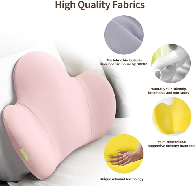 Lumbar Support Pillow for Office Chair, Car Back Support with Memory Foam, Support for Lower Back Pain Relief Lumbar Pillows, Ergonomic Back Cushion for Desk Chair, Sofa, Bed, Car Seat (Pink)