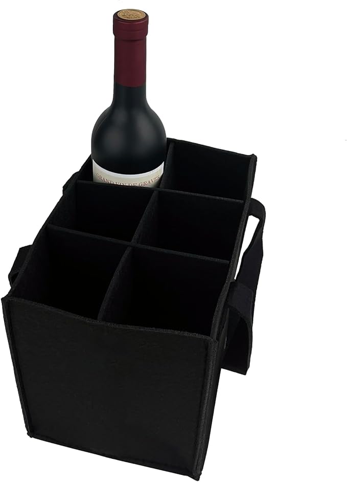 6 Bottle Wine Carrier with Divider Felt Wine Storage Tote Bag, Portable Reusable Wine Travel Bag with Handle for Christmas Travel Camping Picnic Party(black)